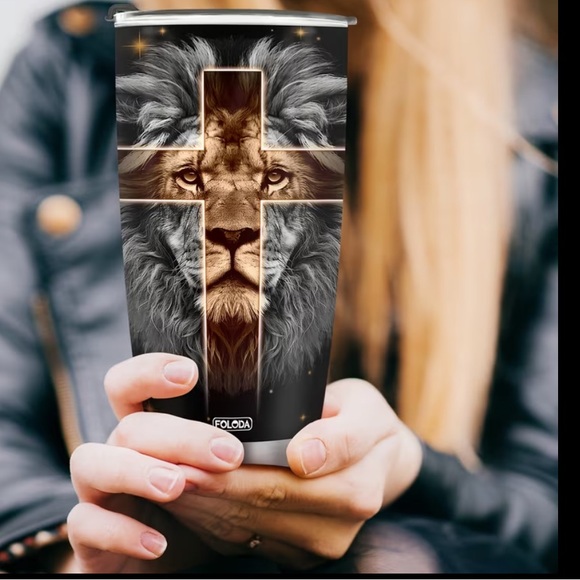 Lion Design Tumbler with Cross - Black and Gold - Picture 4 of 6